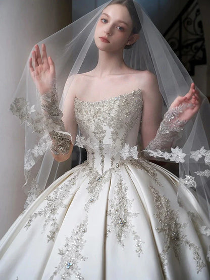 Ball Gown Off-The-Shoulder Cathedral Train Pleated Wedding Dresses with Jewel Appliques