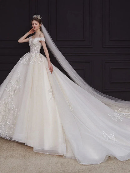 Ball Gown Off-The-Shoulder Floor-Length Pleated Wedding Dresses with Lace Appliques