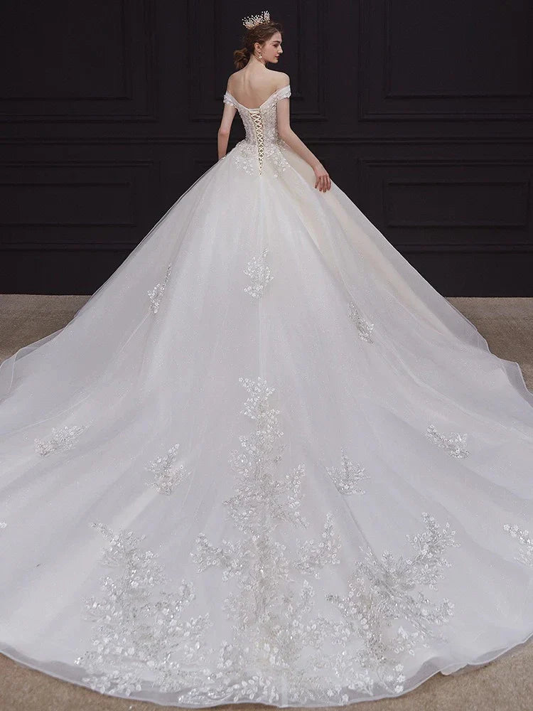 Ball Gown Off-The-Shoulder Floor-Length Pleated Wedding Dresses with Lace Appliques