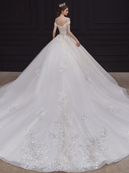 Ball Gown Off-The-Shoulder Floor-Length Pleated Wedding Dresses with Lace Appliques