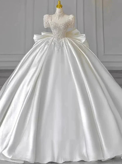 Ball Gown Sweetheart Short Sleeves Floor-Length Wedding Dresses with Lace Appliques & Beads & Oversized Bow