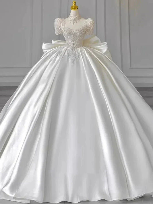 Ball Gown Sweetheart Short Sleeves Floor-Length Wedding Dresses with Lace Appliques & Beads & Oversized Bow