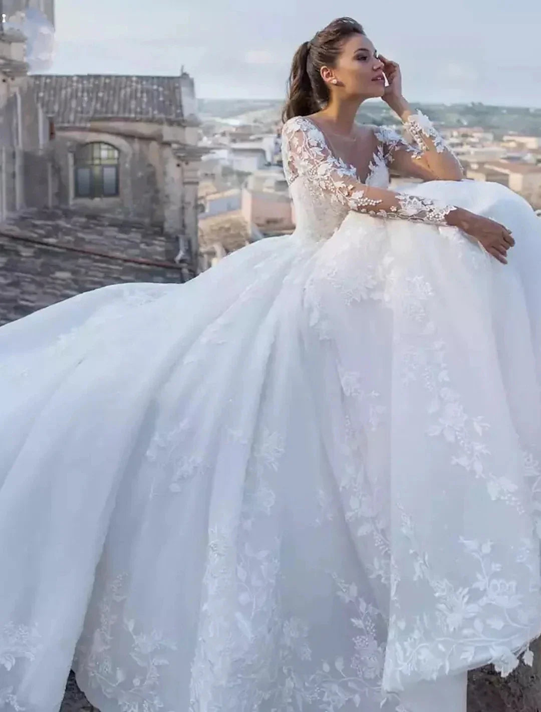 Ball Gown V-Neck Floor-length Lace Wedding Dress