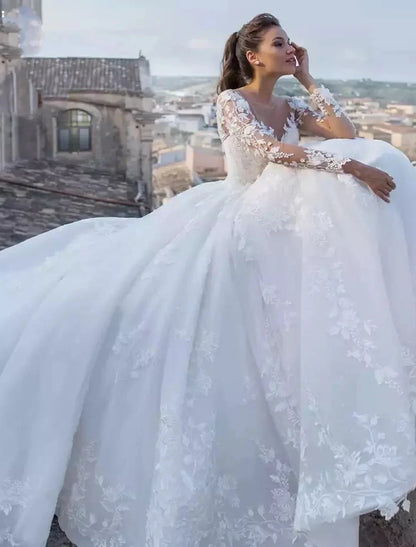 Ball Gown V-Neck Floor-length Lace Wedding Dress