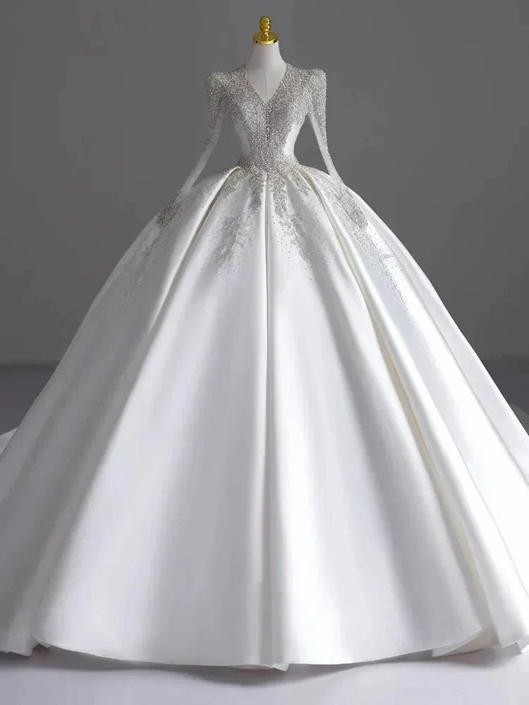 Ball Gown V-Neck Long Sleeves Pleated Floor-Length Wedding Dresses with Jewel Appliques