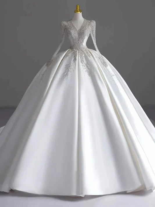Ball Gown V-Neck Long Sleeves Pleated Floor-Length Wedding Dresses with Jewel Appliques