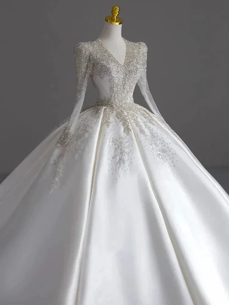 Ball Gown V-Neck Long Sleeves Pleated Floor-Length Wedding Dresses with Jewel Appliques