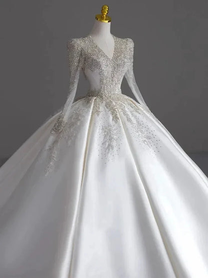 Ball Gown V-Neck Long Sleeves Pleated Floor-Length Wedding Dresses with Jewel Appliques
