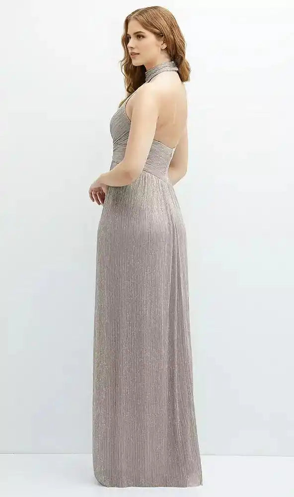 Band Collar Halter Open-Back Metallic Pleated Maxi Dress in Metallic Taupe
