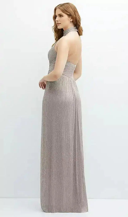 Band Collar Halter Open-Back Metallic Pleated Maxi Dress in Metallic Taupe