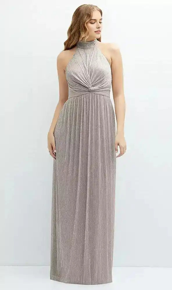 Band Collar Halter Open-Back Metallic Pleated Maxi Dress in Metallic Taupe