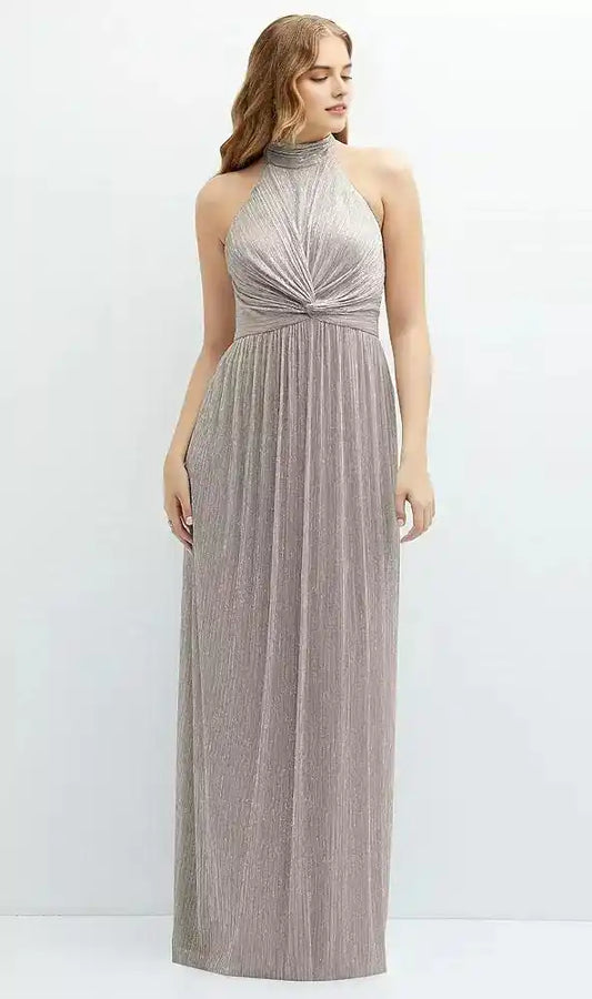Band Collar Halter Open-Back Metallic Pleated Maxi Dress in Metallic Taupe