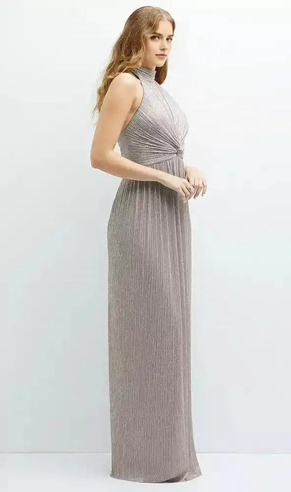 Band Collar Halter Open-Back Metallic Pleated Maxi Dress in Metallic Taupe