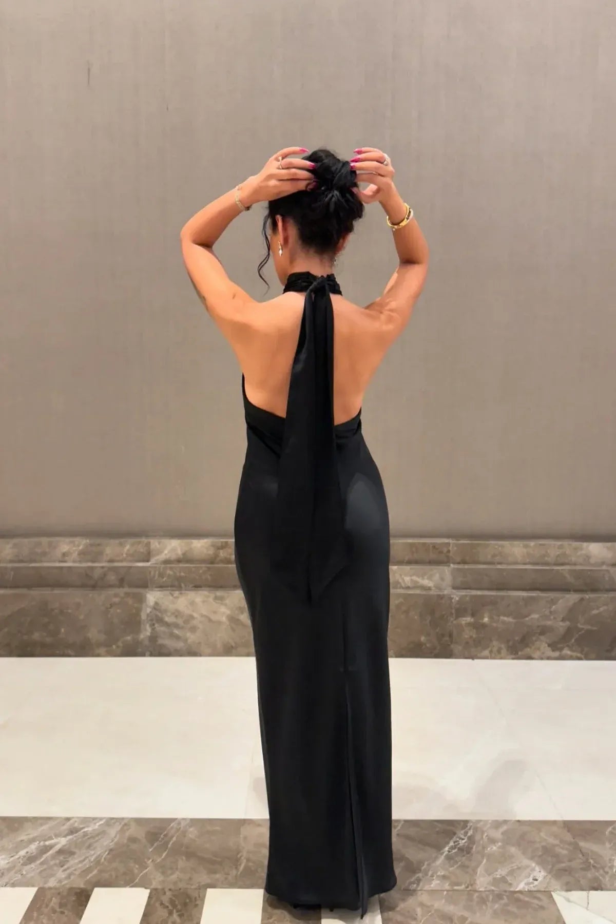 Bargain Fitted Halter Neck Sleeveless Low Back Satin Floor-Length Prom Dress