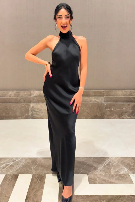 Bargain Fitted Halter Neck Sleeveless Low Back Satin Floor-Length Prom Dress