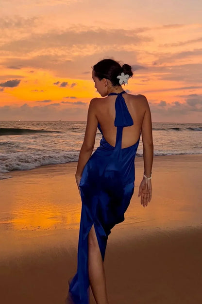 Bargain Fitted Halter Neck Sleeveless Low Back Satin Floor-Length Prom Dress