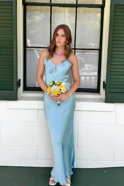 Bargain Fitted V Neck Sleeveless Backless Satin Floor-Length Prom Dress
