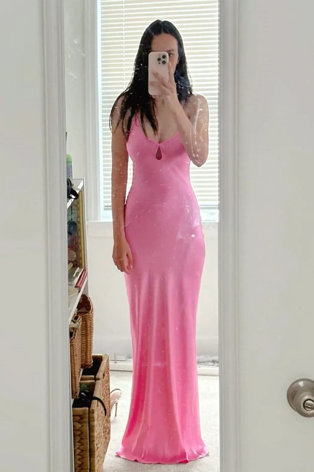 Bargain Fitted V Neck Sleeveless Backless Satin Floor-Length Prom Dress