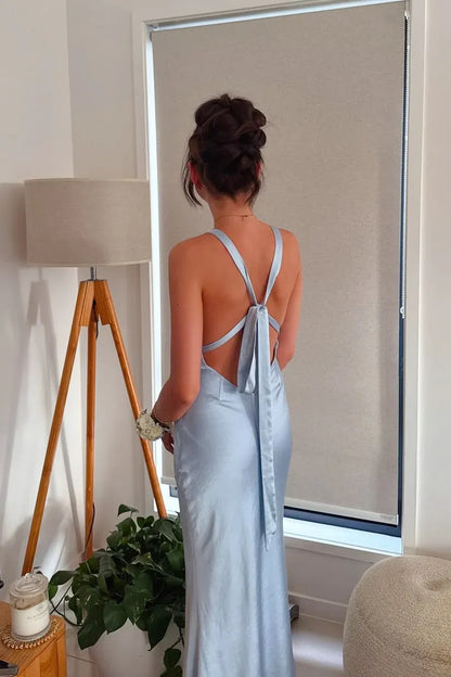 Bargain Mermaid V Neck Sleeveless Backless Satin Floor-Length Prom Dress