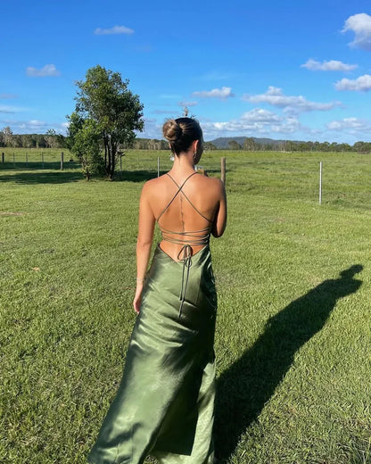 Bargain V Neck Sleeveless Mermaid Satin Split Long Prom Dress
