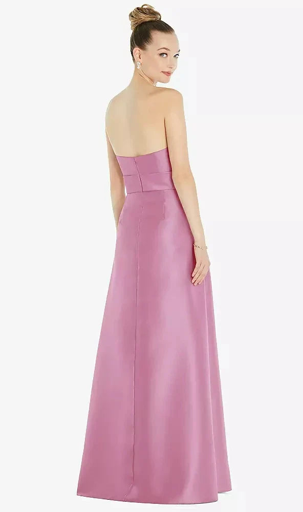 Basque-Neck Strapless Satin Gown with Mini Sash in Powder Pink