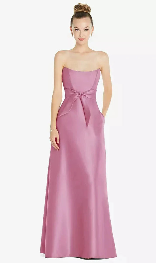 Basque-Neck Strapless Satin Gown with Mini Sash in Powder Pink