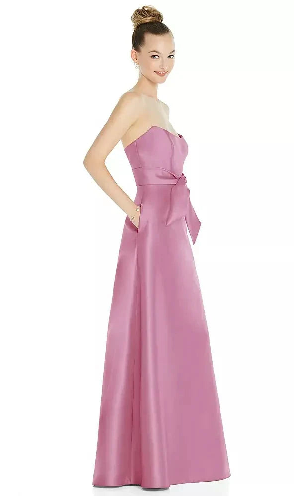 Basque-Neck Strapless Satin Gown with Mini Sash in Powder Pink