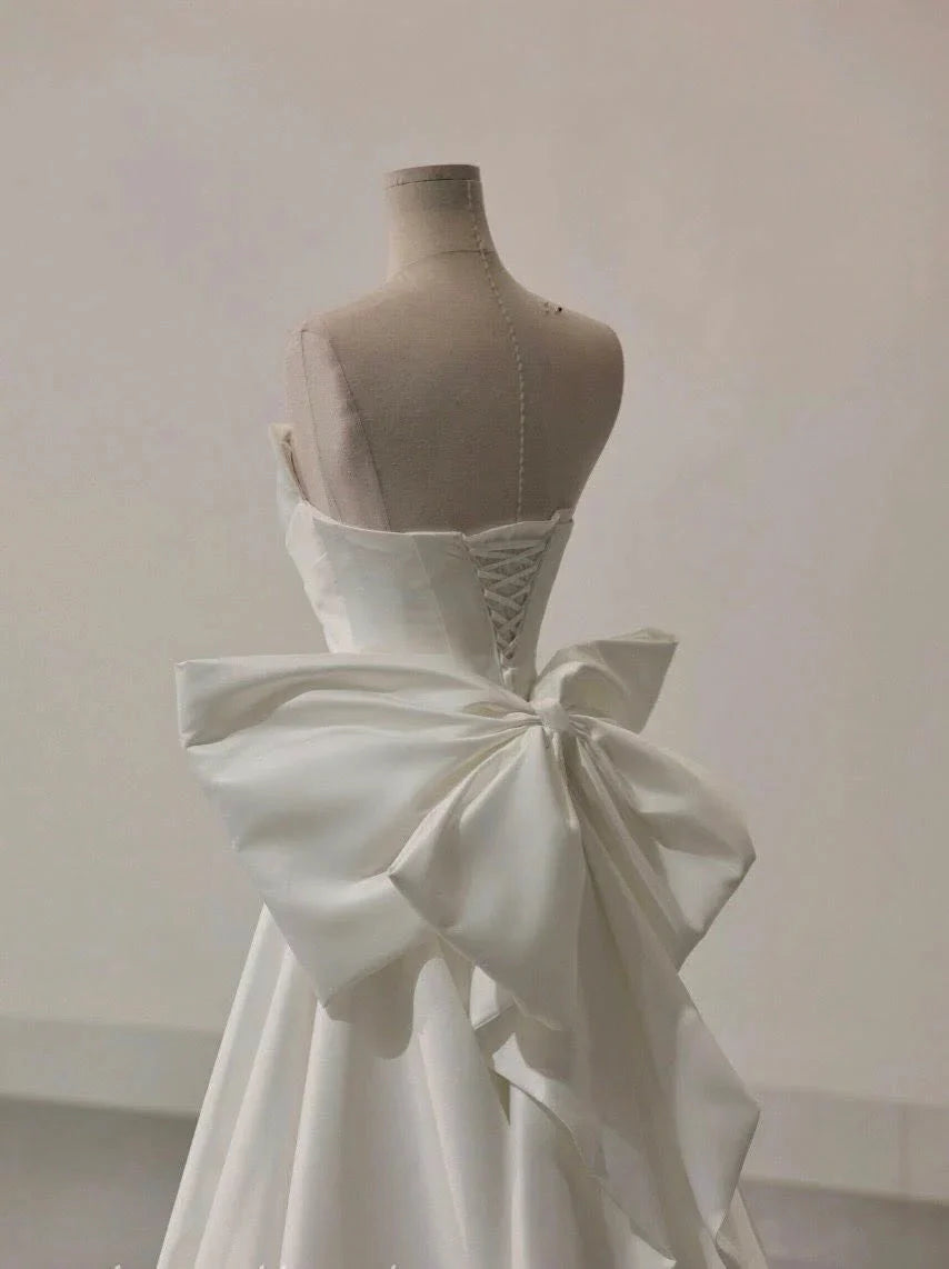 Beach Silk Satin A Line Wedding Dress Strapless with Big Bow