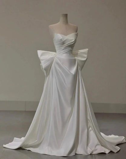 Beach Silk Satin A Line Wedding Dress Strapless with Big Bow