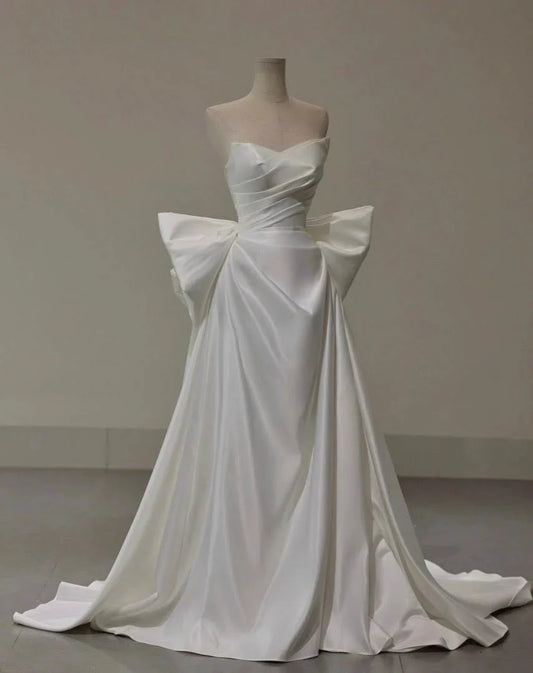 Beach Silk Satin A Line Wedding Dress Strapless with Big Bow