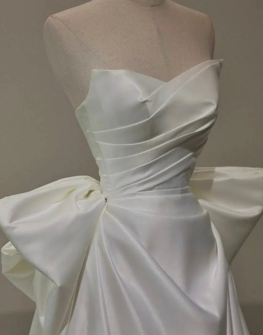 Beach Silk Satin A Line Wedding Dress Strapless with Big Bow
