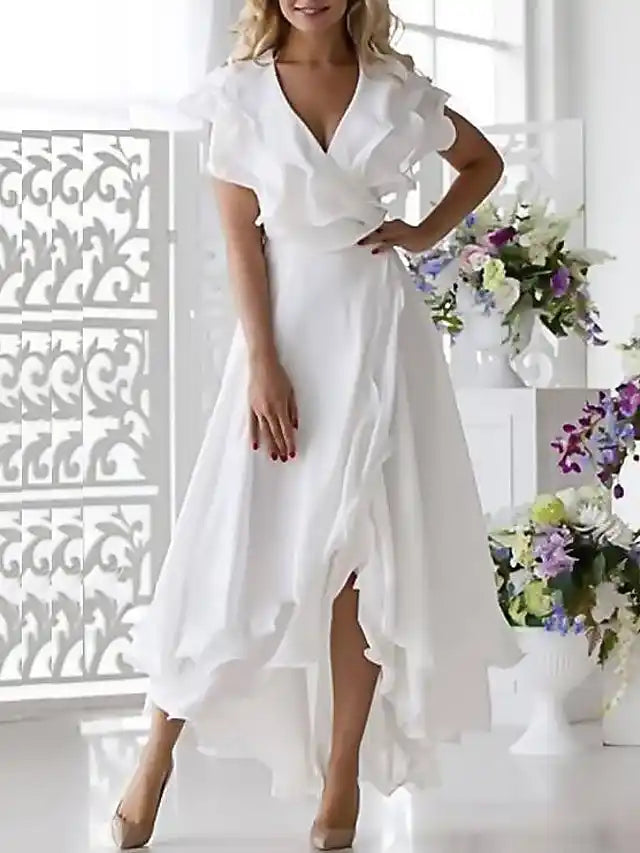 Beach Wedding A-Line Mother of the Bride Dress Wedding Guest Elegant High Low V Neck Asymmetrical Chiffon Short Sleeve with Ruffles Split Front