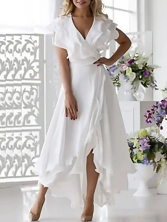 Beach Wedding A-Line Mother of the Bride Dress Wedding Guest Elegant High Low V Neck Asymmetrical Chiffon Short Sleeve with Ruffles Split Front