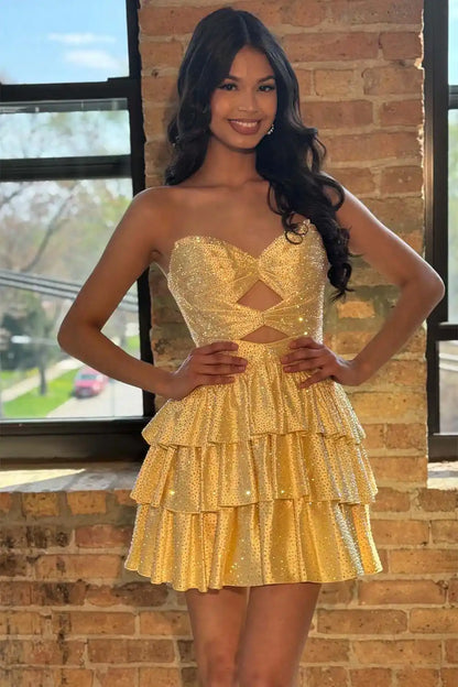 Beaded Strapless Ruffle Keyholes Homecoming Dress