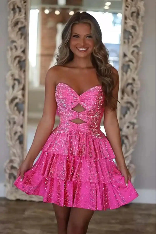 Beaded Strapless Ruffle Keyholes Homecoming Dress