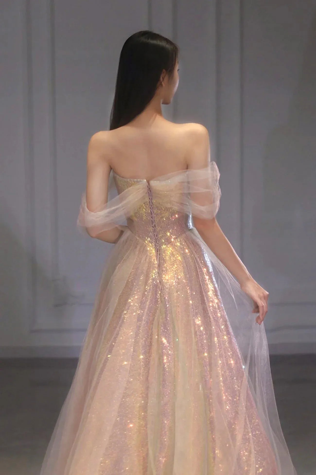 Beautiful A-Line Off the Shoulder Sleeveless Lace Up Floor-Length Prom Dress