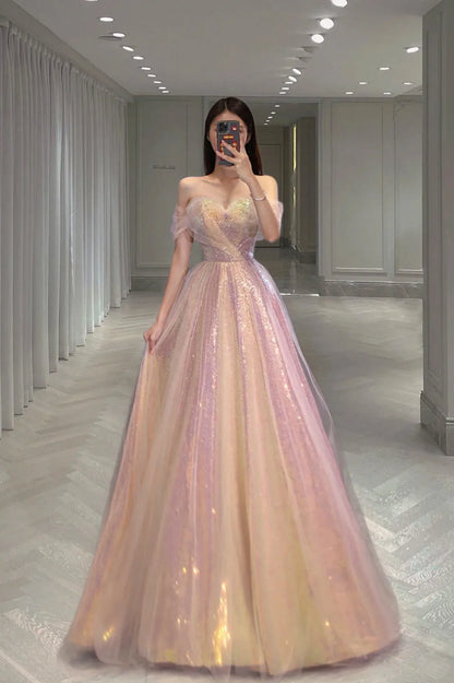 Beautiful A-Line Off the Shoulder Sleeveless Lace Up Floor-Length Prom Dress