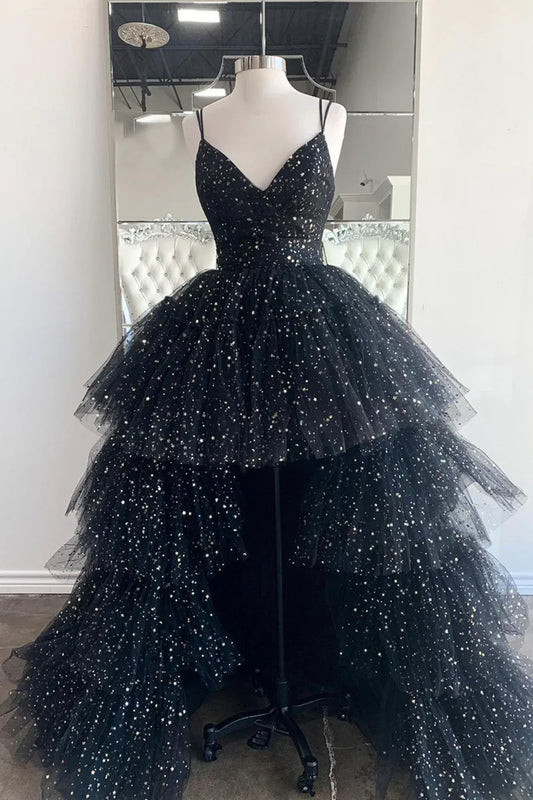 Beautiful A-Line Spaghetti Straps Sleeveless Lace Up High Low Hem Prom Dress