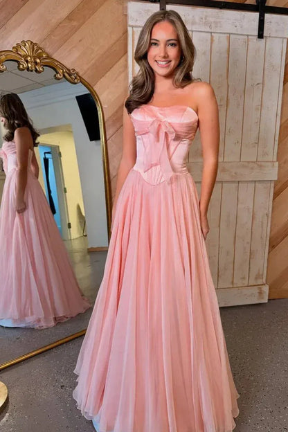 Beautiful A-Line Strapless Sleeveless Satin Bow Floor-Length Prom Dress