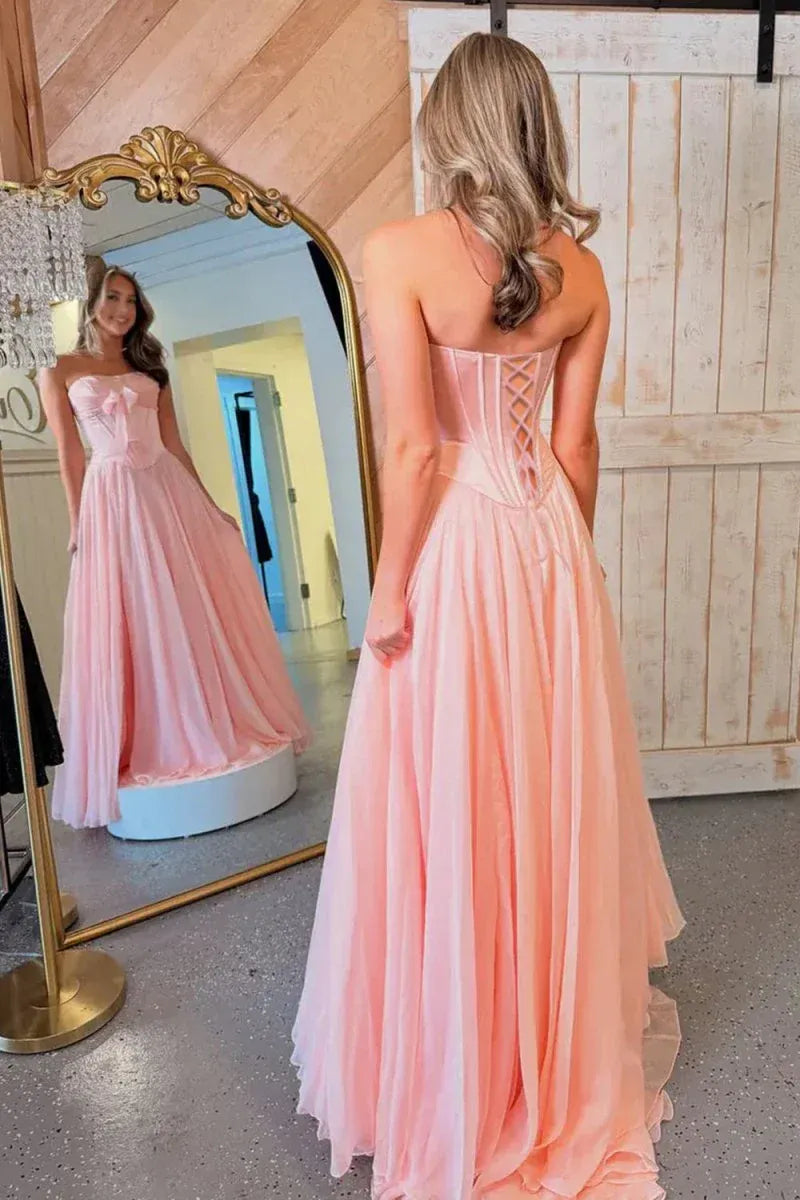 Beautiful A-Line Strapless Sleeveless Satin Bow Floor-Length Prom Dress