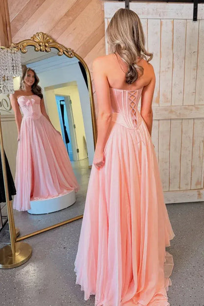 Beautiful A-Line Strapless Sleeveless Satin Bow Floor-Length Prom Dress
