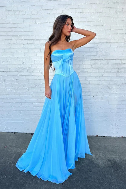 Pretty A-Line Strapless Sleeveless Satin Bow Floor-Length Prom Dress