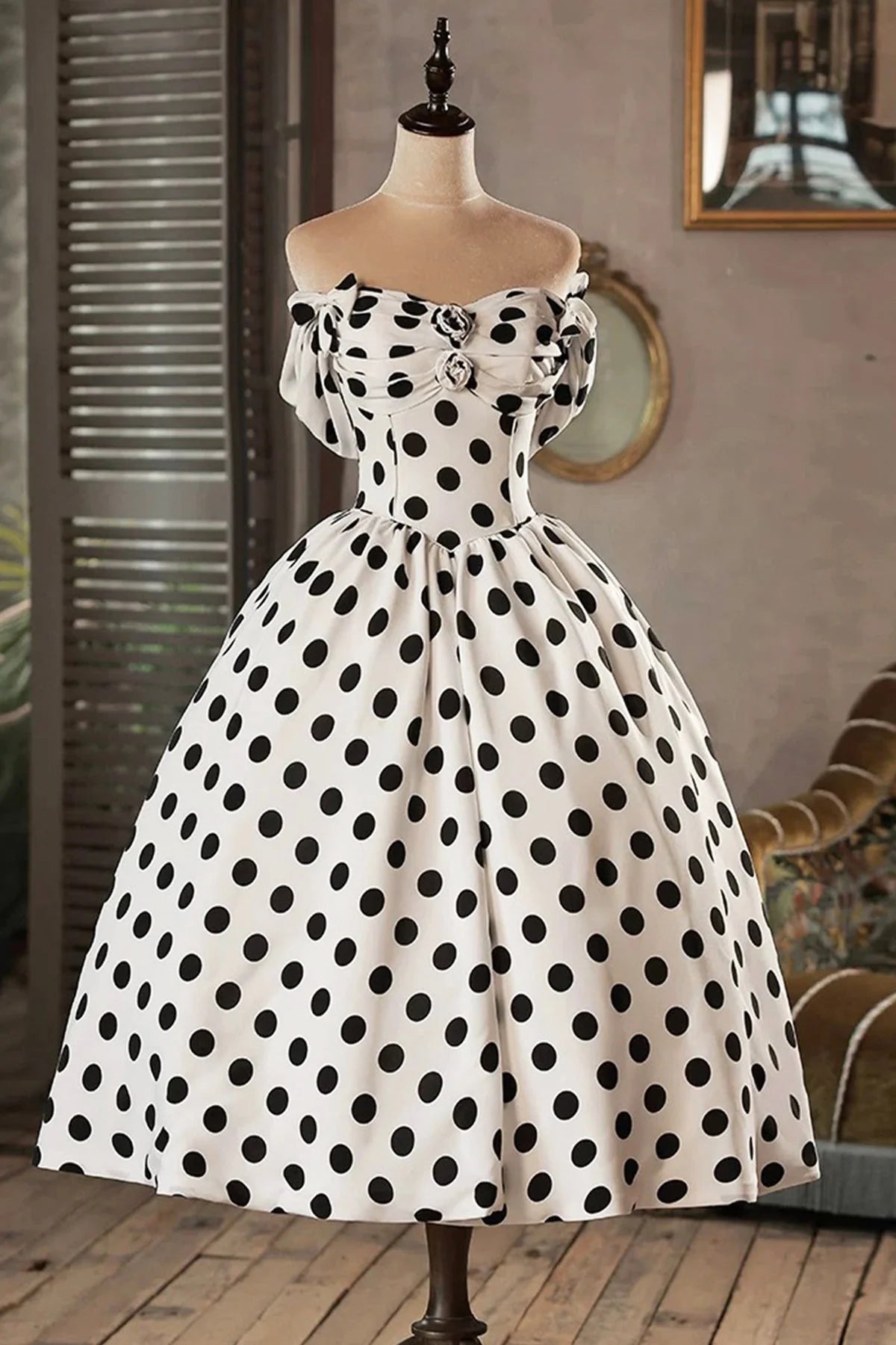 Beautiful A-line Off the Shoulder Dropped Shoulder Sleeves Lace Up Tea-Length Homecoming Dress