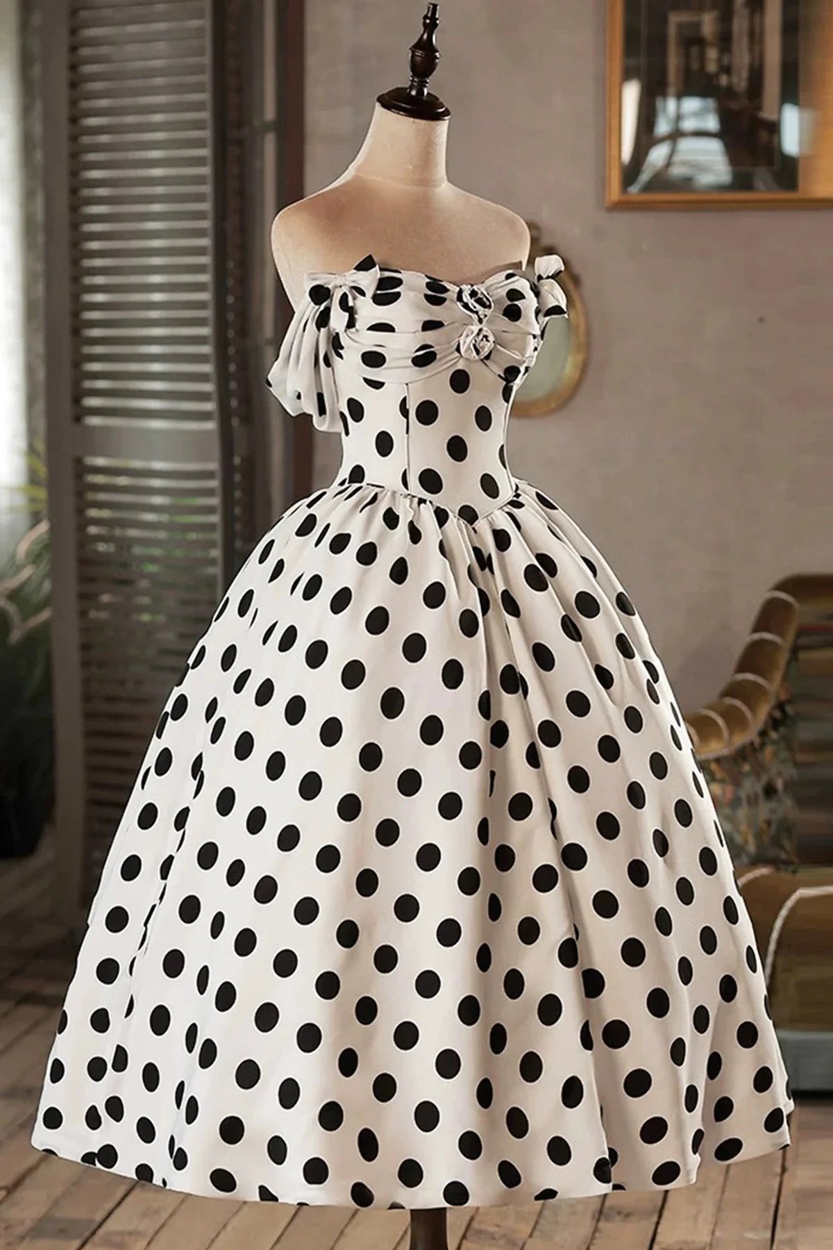 Beautiful A-line Off the Shoulder Dropped Shoulder Sleeves Lace Up Tea-Length Homecoming Dress