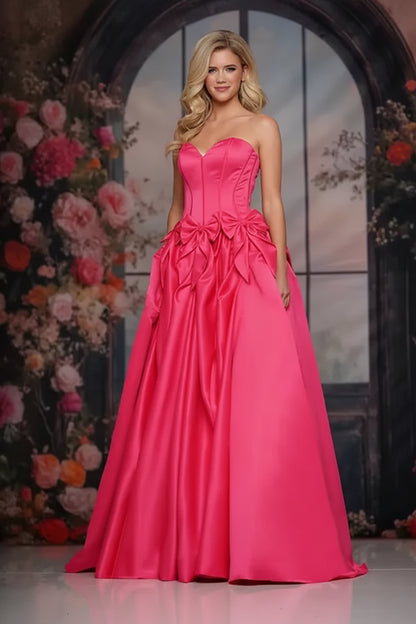 Beautiful A-line Sweetheart Corset Bow Hot Pink Floor-Length Prom Dress With Pockets