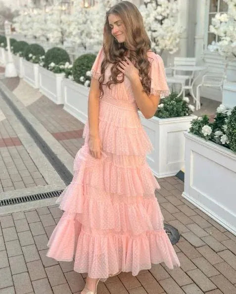 Beautiful A Line V Neck Flutter Sleeve Polka Dot Ankle-Length Prom Dress