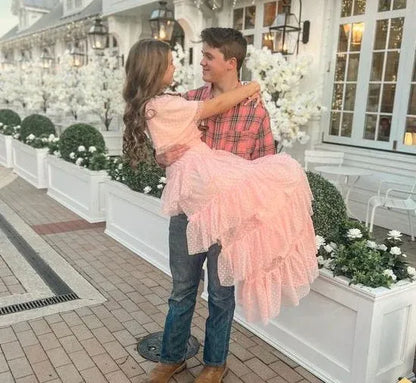 Beautiful A Line V Neck Flutter Sleeve Polka Dot Ankle-Length Prom Dress