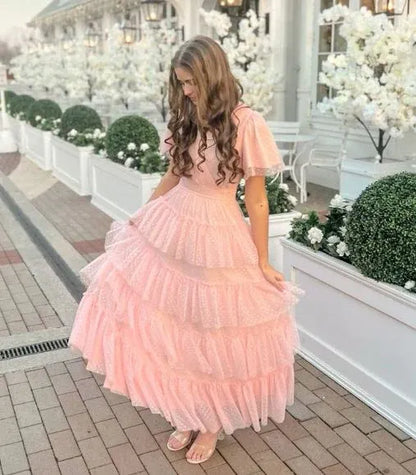 Beautiful A Line V Neck Flutter Sleeve Polka Dot Ankle-Length Prom Dress