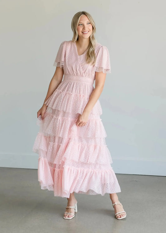 Beautiful A Line V Neck Flutter Sleeve Polka Dot Ankle-Length Prom Dress