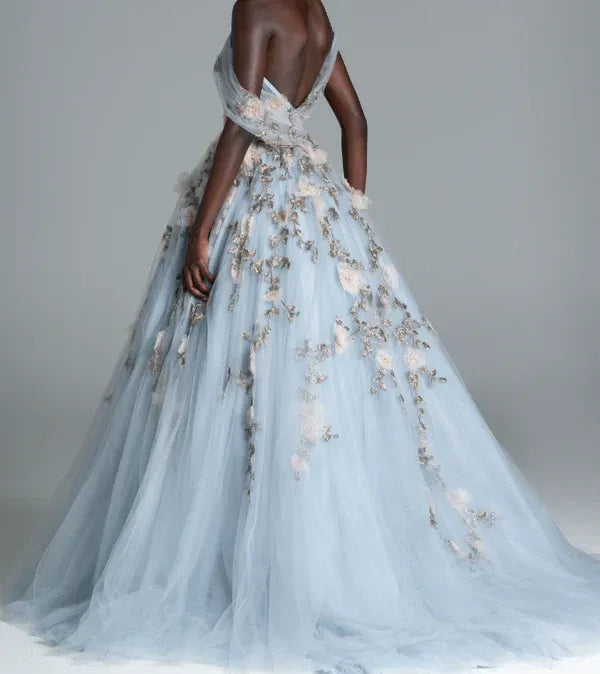 Beautiful Ball Gown Off-Shoulder Sleeveless Tulle Floor-Length Backless Prom Dress